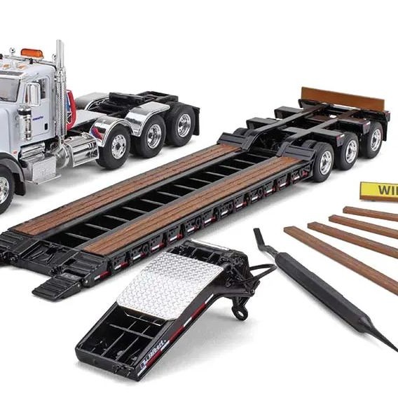 First Gear 50-3349B Peterbilt Model 367 Day Cab 8x4 Truck Talbert 55SA Lowboy Trailer - Komatsu Scale 1:50