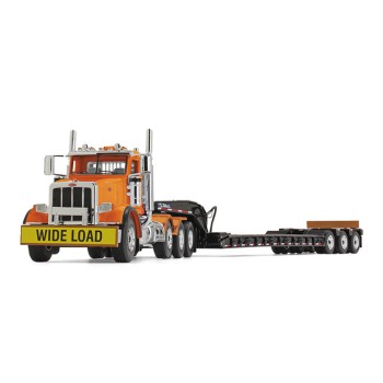 First Gear 50-3475 Peterbilt Model 367 Day Cab 8x4 Truck Talbert 55SA Lowboy Trailer Bright Orange Scale 1:50