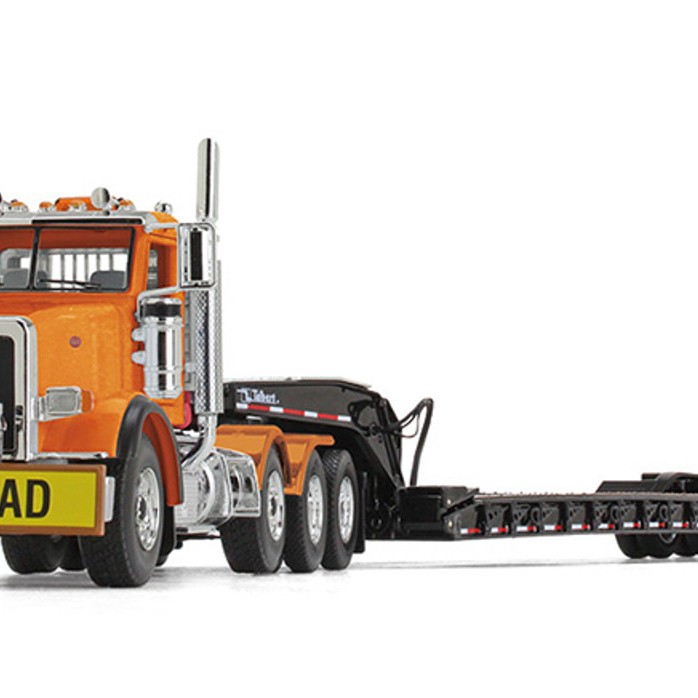 First Gear 50-3475 Peterbilt Model 367 Day Cab 8x4 Truck Talbert 55SA Lowboy Trailer Bright Orange Scale 1:50