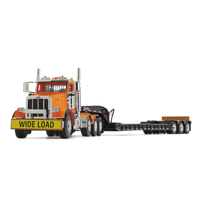 First Gear 50-3475 Peterbilt Model 367 Day Cab 8x4 Truck Talbert 55SA Lowboy Trailer Bright Orange Scale 1:50