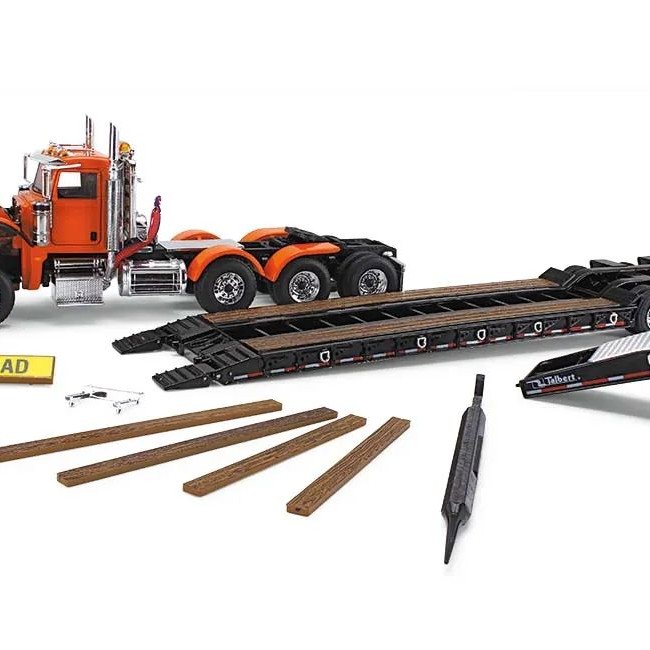 First Gear 50-3475 Peterbilt Model 367 Day Cab 8x4 Truck Talbert 55SA Lowboy Trailer Bright Orange Scale 1:50