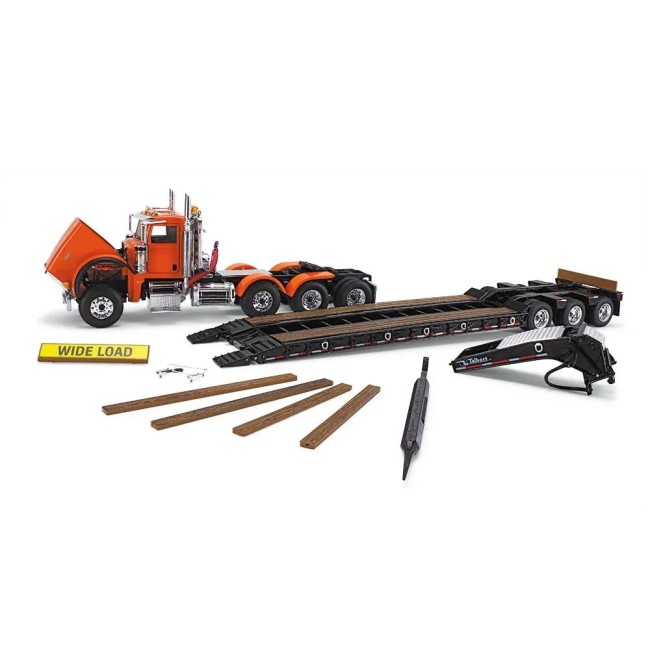 First Gear 50-3475 Peterbilt Model 367 Day Cab 8x4 Truck Talbert 55SA Lowboy Trailer Bright Orange Scale 1:50