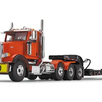 First Gear 50-3475 Peterbilt Model 367 Day Cab 8x4 Truck Talbert 55SA Lowboy Trailer Bright Orange Scale 1:50