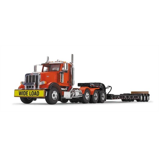 First Gear 50-3475 Peterbilt Model 367 Day Cab 8x4 Truck Talbert 55SA Lowboy Trailer Bright Orange Scale 1:50