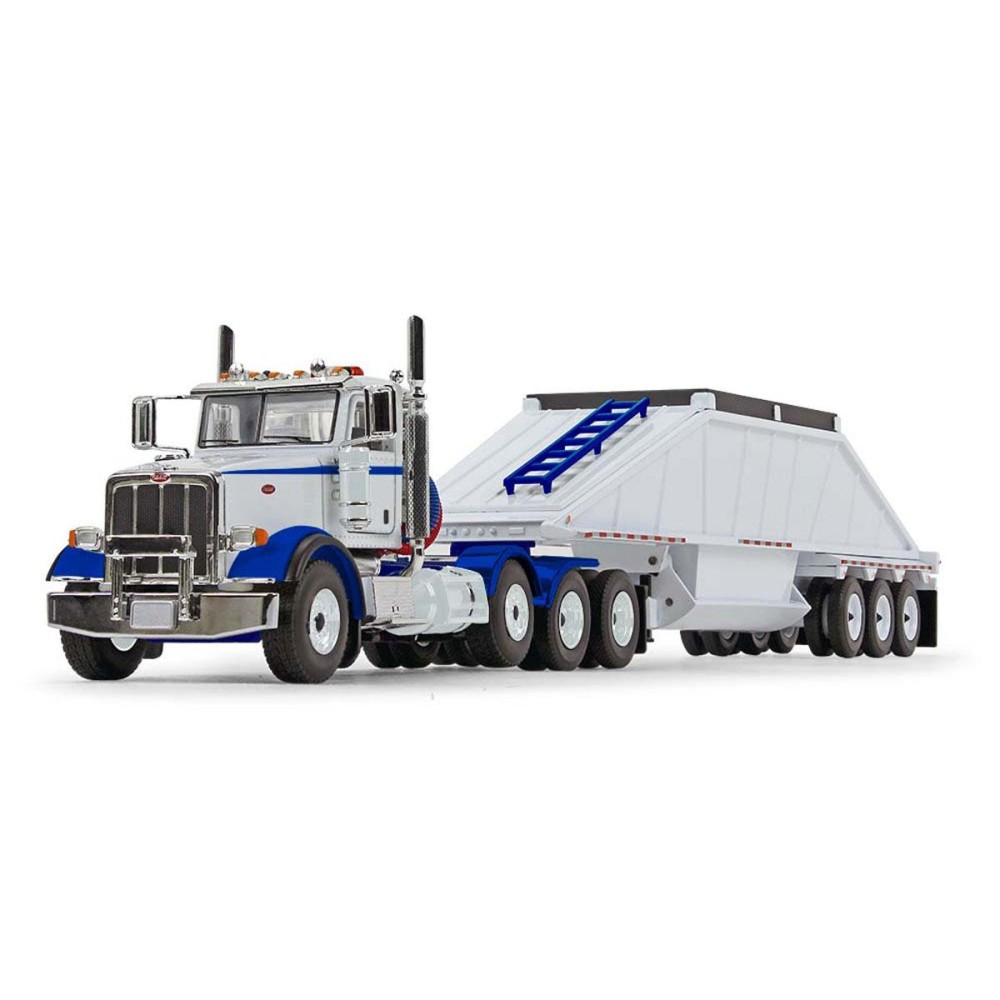 First Gear 50-3481 Peterbilt Model 367 Day Cab 8x4 Truck Bottom Dump Trailer White / Blue Scale 1:50