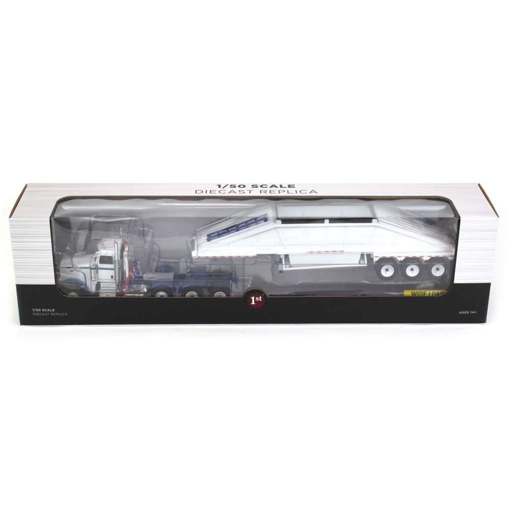 First Gear 50-3481 Peterbilt Model 367 Day Cab 8x4 Truck Bottom Dump Trailer White / Blue Scale 1:50