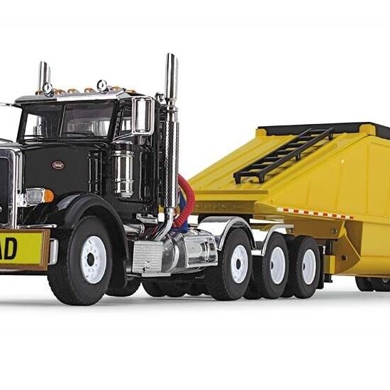 First Gear 50-3490 Peterbilt Model 367 Day Cab 8x4 Truck Bottom Dump Trailer Black / Yellow Scale 1:50