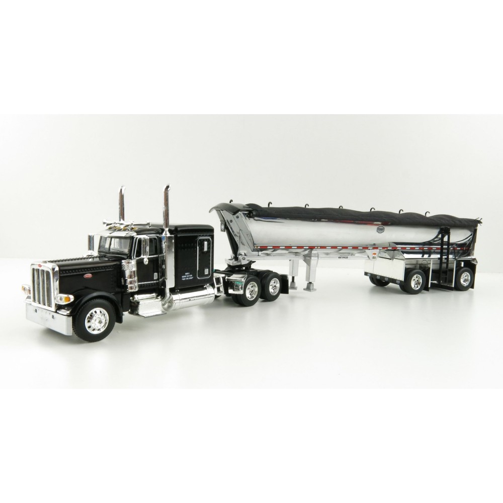 First Gear 60-1004 Peterbilt 389 Sleeper Cab Truck Black with MAC Half Round Dump Trailer - Scale 1:64