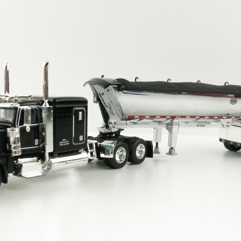 First Gear 60-1004 Peterbilt 389 Sleeper Cab Truck Black with MAC Half Round Dump Trailer - Scale 1:64