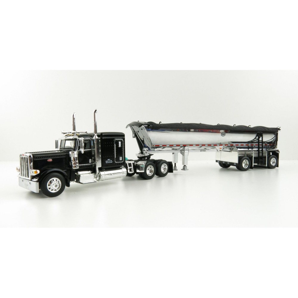 First Gear 60-1004 Peterbilt 389 Sleeper Cab Truck Black with MAC Half Round Dump Trailer - Scale 1:64
