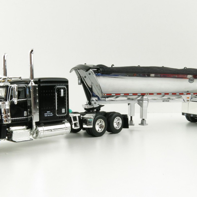 First Gear 60-1004 Peterbilt 389 Sleeper Cab Truck Black with MAC Half Round Dump Trailer - Scale 1:64
