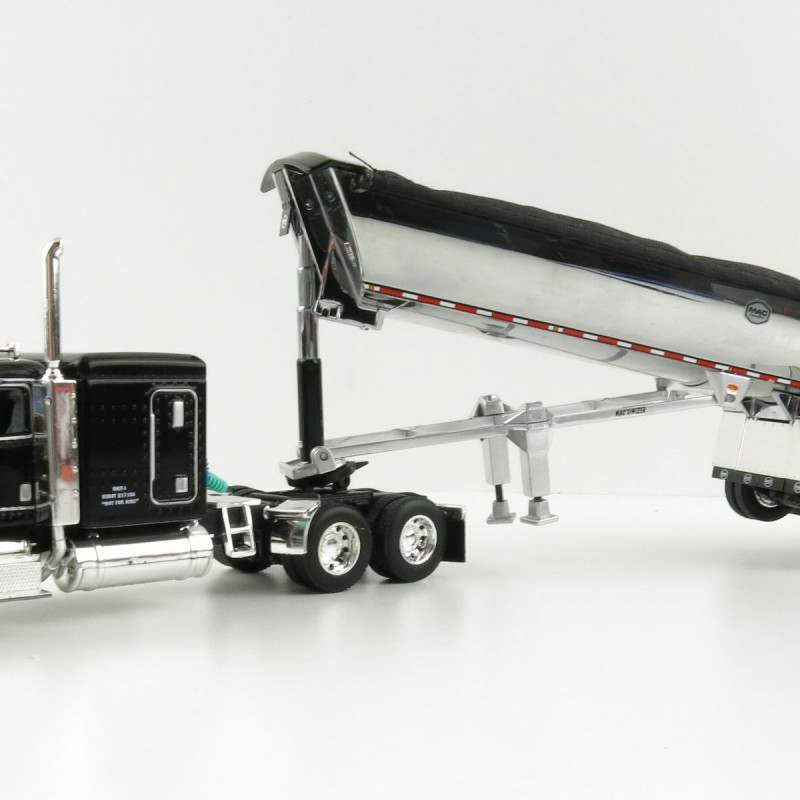 First Gear 60-1004 Peterbilt 389 Sleeper Cab Truck Black with MAC Half Round Dump Trailer - Scale 1:64