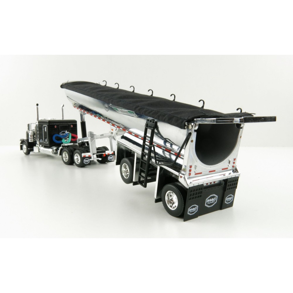 First Gear 60-1004 Peterbilt 389 Sleeper Cab Truck Black with MAC Half Round Dump Trailer - Scale 1:64