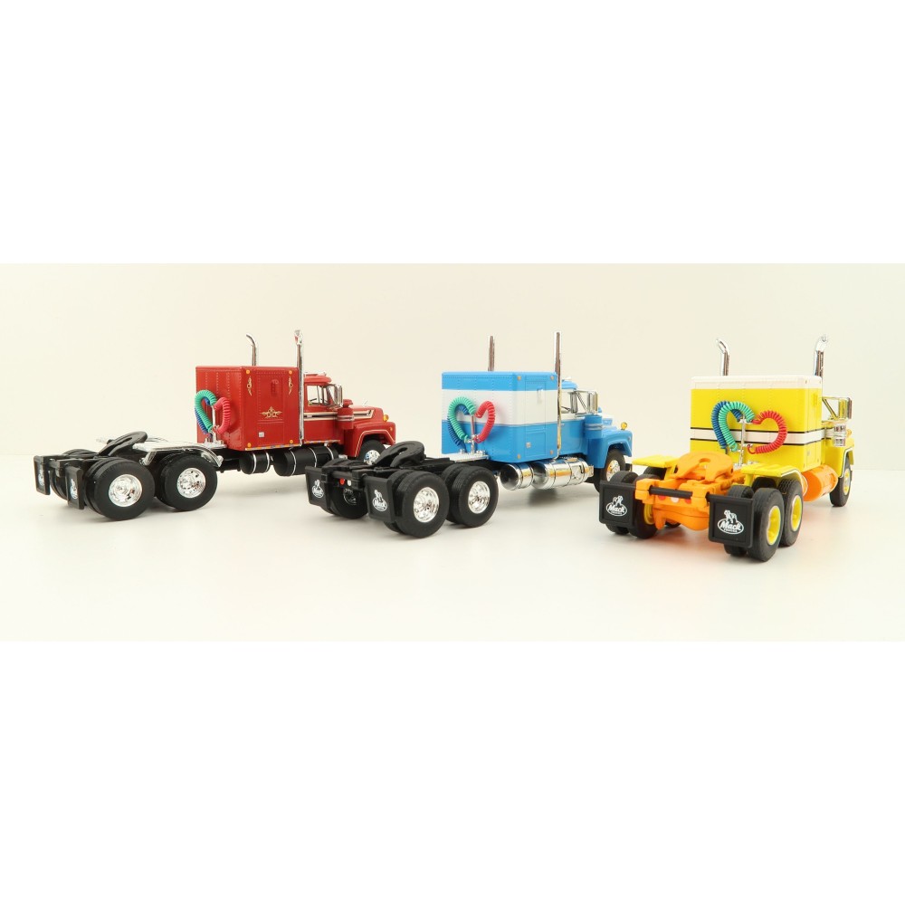 First Gear 60-1250 Mack R Model with Sleeper Bunk Truck Trio Set Red, Blue & Yellow  - Scale 1:64