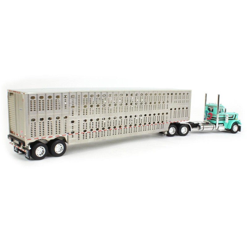 First Gear 60-1264 Peterbilt 359 Day Cab 6x4 Truck Black with Wilson Livestock Trailer Teal Black - Scale 1:64