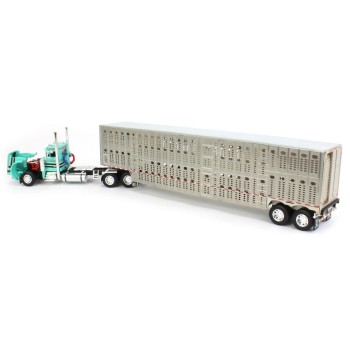 First Gear 60-1264 Peterbilt 359 Day Cab 6x4 Truck Black with Wilson Livestock Trailer Teal Black - Scale 1:64