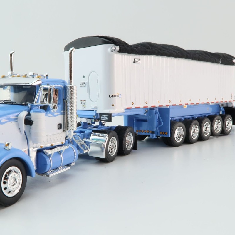 First Gear 60-1633 Kenworth W900L Day Cab & East Manufacturing Michigan Series 31' and 20' End Dump Trailers Wisteria & White  Scale 1:64