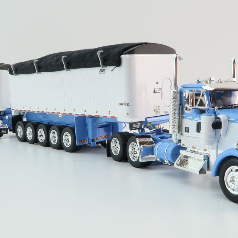 First Gear 60-1633 Kenworth W900L Day Cab & East Manufacturing Michigan Series 31' and 20' End Dump Trailers Wisteria & White  Scale 1:64