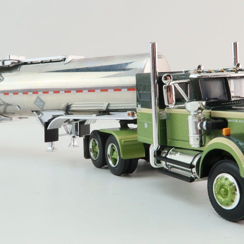 First Gear 60-1640 White Western Star 4900 with 36 Vintage Sleeper & Brenner Chemical Tank Trailer Dark Green & Olive Scale 1:64