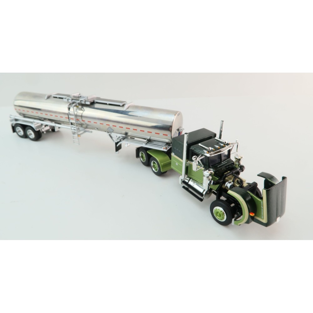 First Gear 60-1640 White Western Star 4900 with 36 Vintage Sleeper & Brenner Chemical Tank Trailer Dark Green & Olive Scale 1:64