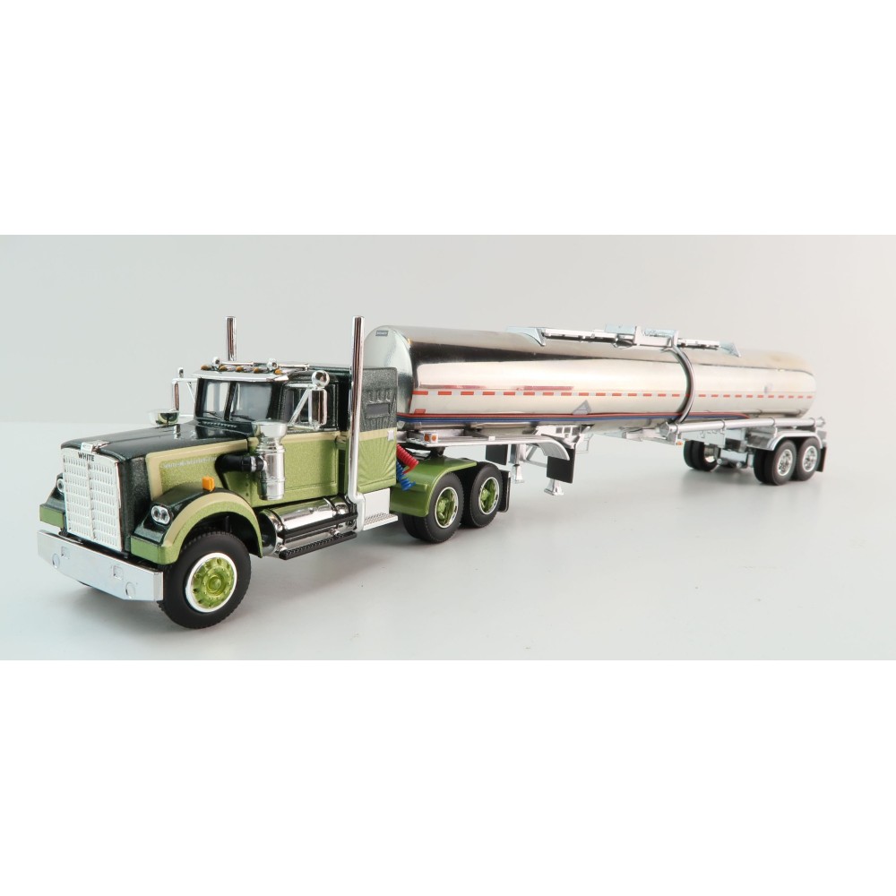 First Gear 60-1640 White Western Star 4900 with 36 Vintage Sleeper & Brenner Chemical Tank Trailer Dark Green & Olive Scale 1:64