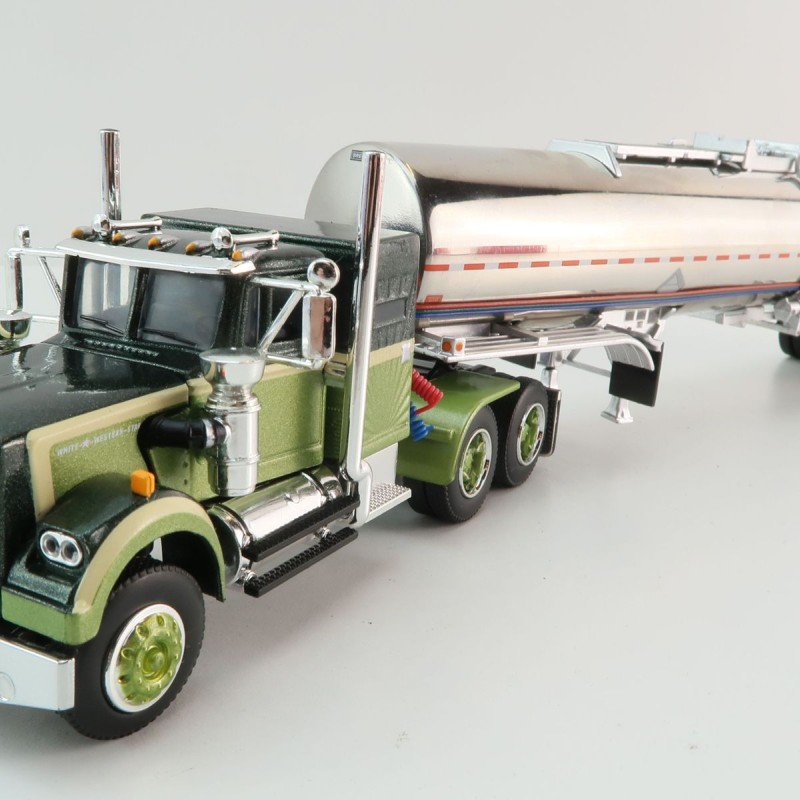 First Gear 60-1640 White Western Star 4900 with 36 Vintage Sleeper & Brenner Chemical Tank Trailer Dark Green & Olive Scale 1:64