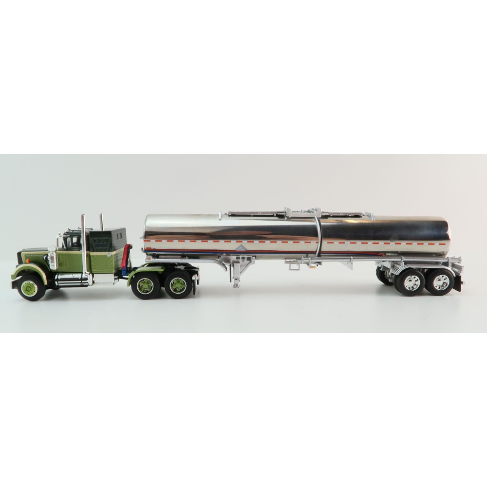 First Gear 60-1640 White Western Star 4900 with 36 Vintage Sleeper & Brenner Chemical Tank Trailer Dark Green & Olive Scale 1:64