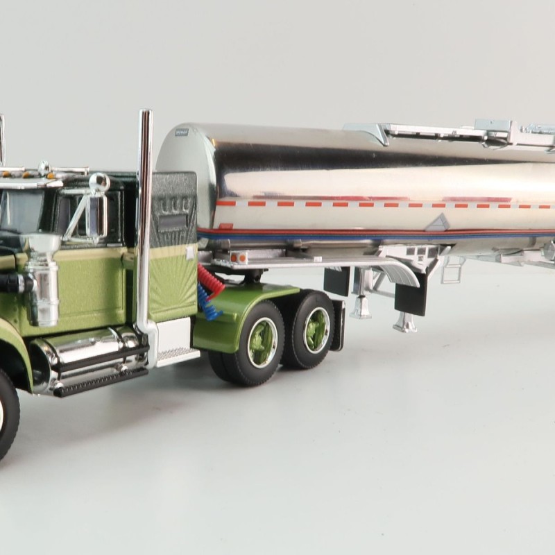 First Gear 60-1640 White Western Star 4900 with 36 Vintage Sleeper & Brenner Chemical Tank Trailer Dark Green & Olive Scale 1:64