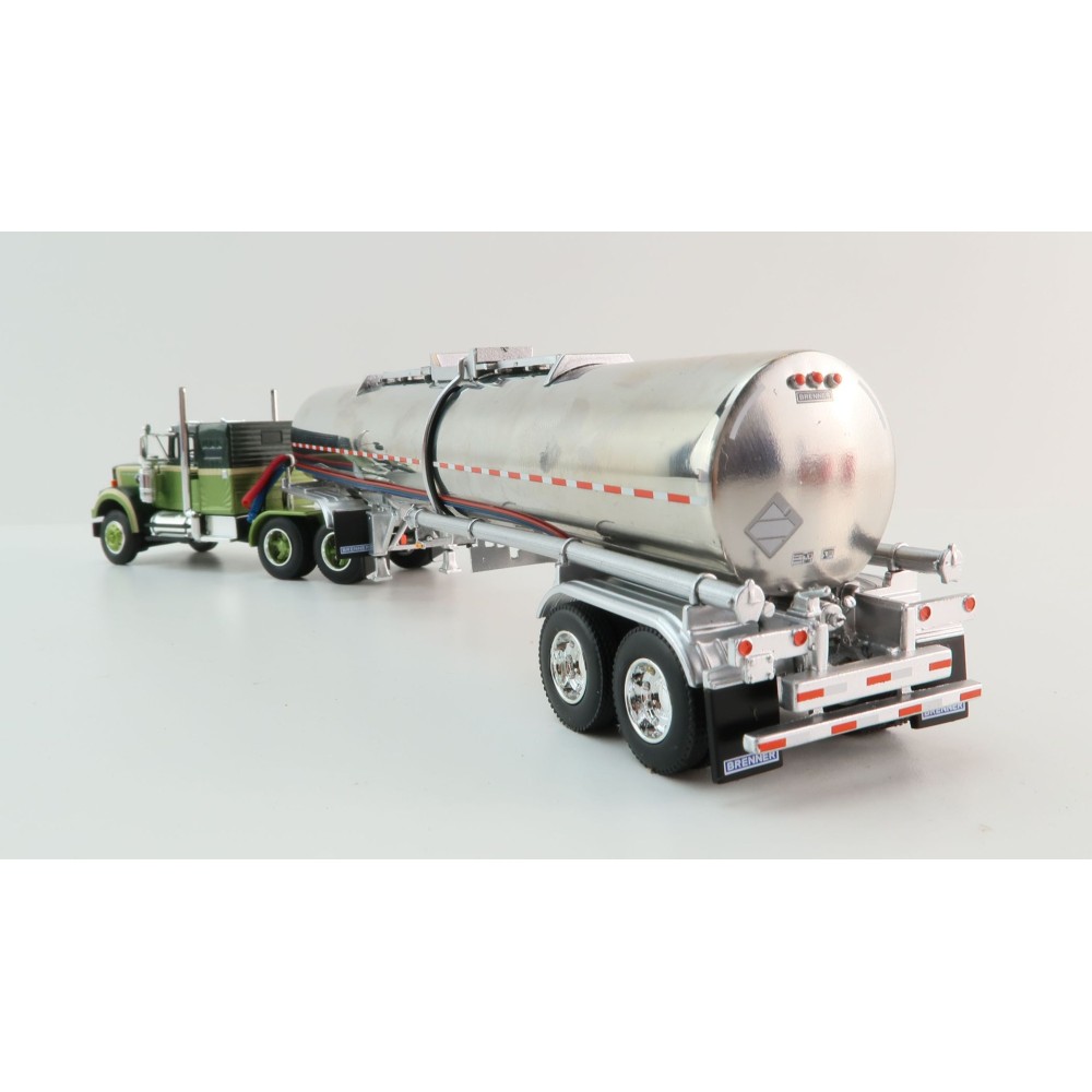 First Gear 60-1640 White Western Star 4900 with 36 Vintage Sleeper & Brenner Chemical Tank Trailer Dark Green & Olive Scale 1:64