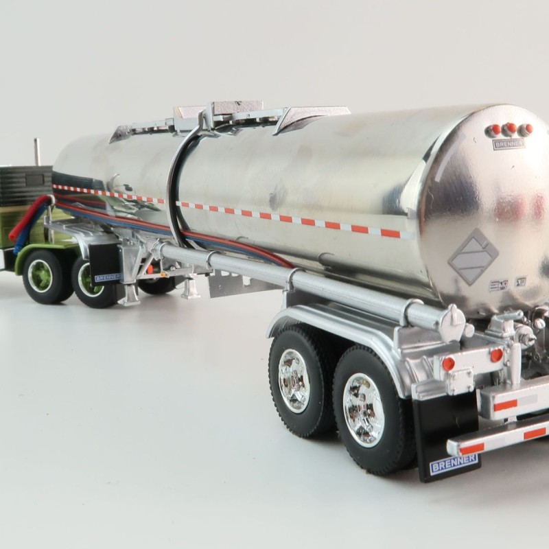 First Gear 60-1640 White Western Star 4900 with 36 Vintage Sleeper & Brenner Chemical Tank Trailer Dark Green & Olive Scale 1:64