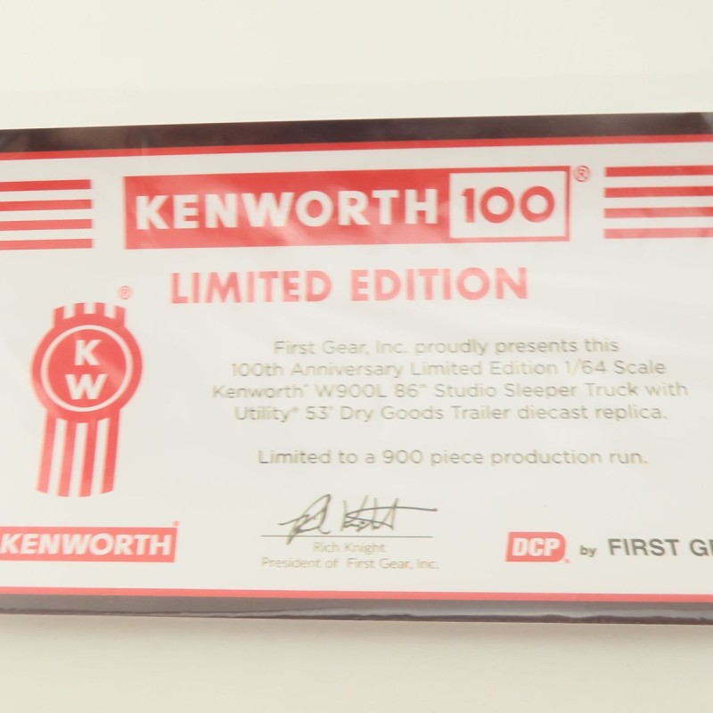 First Gear 68-1691 - Kenworth W900L Studio Sleeper & 53' Utility Trailer Kenworth 100th Anniversary - Scale 1:64