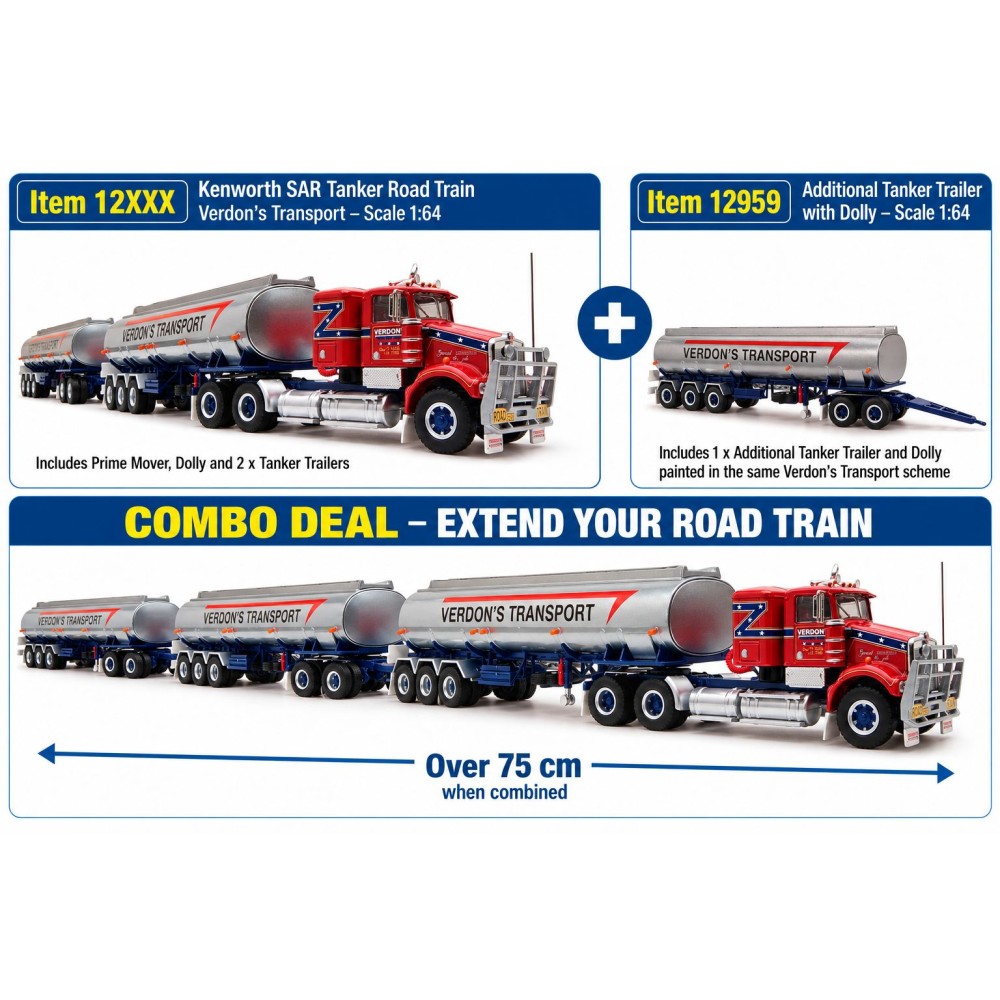 Highway Replicas Australian Kenworth SAR Truck Tanker Road Train + extra Trailer Verdon’s Transport Scale 1:64
