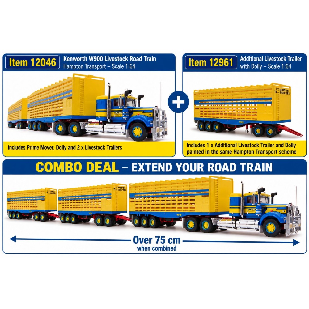 Highway Replicas Australian Kenworth W900 Livestock Triple Road Train Hampton Transport Scale 1:64