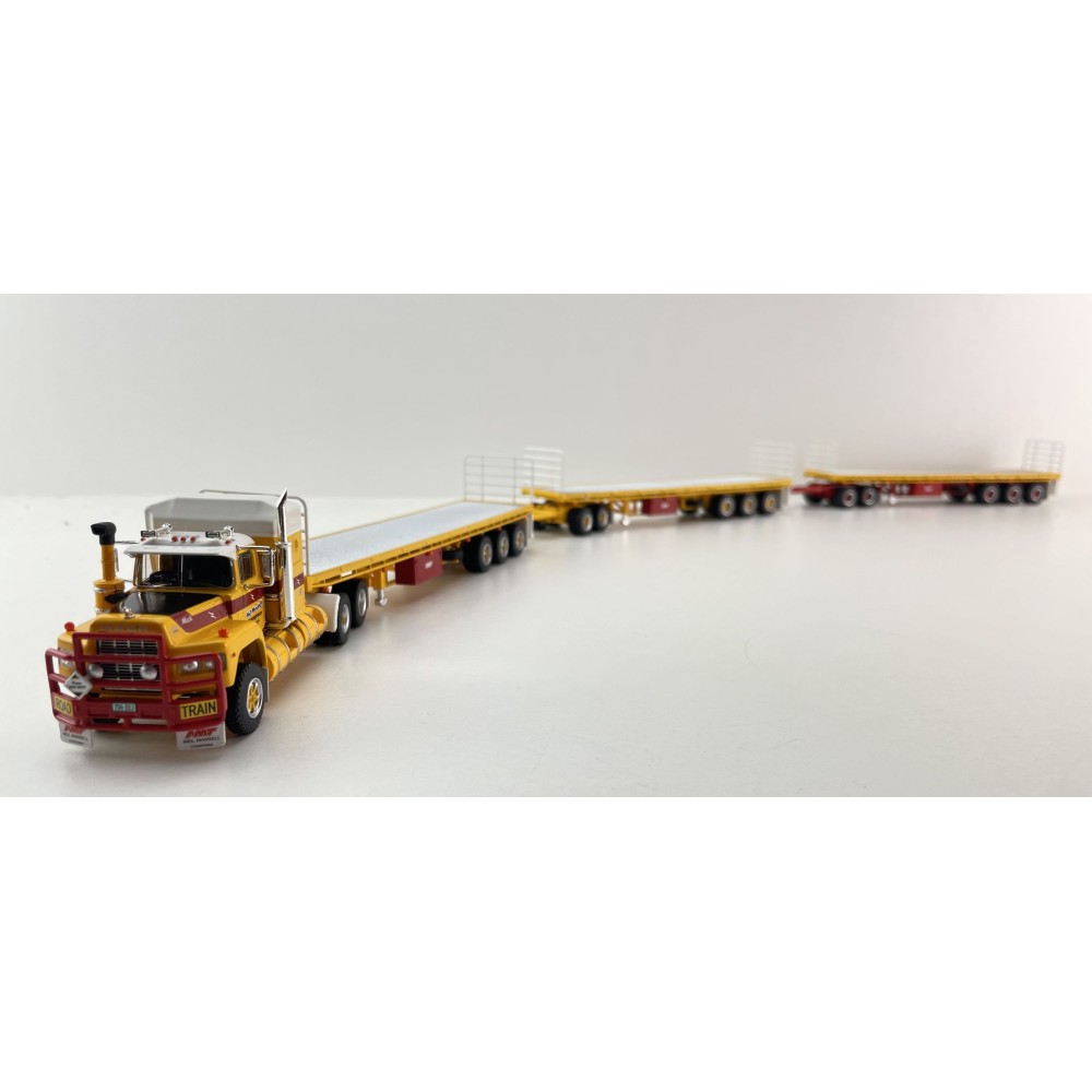 Highway Replicas Australian Mack Valueliner V8 Truck Flat Top Freight Road Train + extra Trailer Neil Mansell Transport 1:64