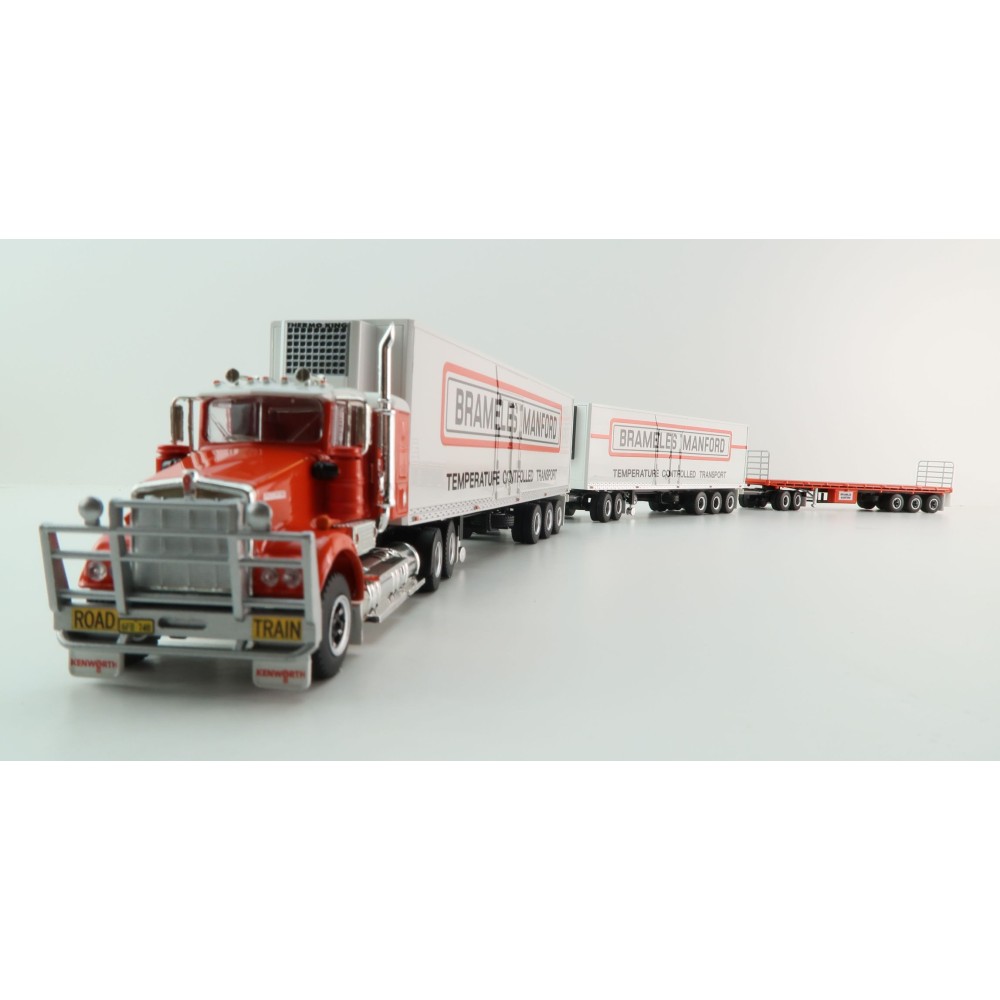 Highway Replicas Kenworth SAR Truck Road Train + Extra Flattop Trailer Brambles Manford - Scale 1:64