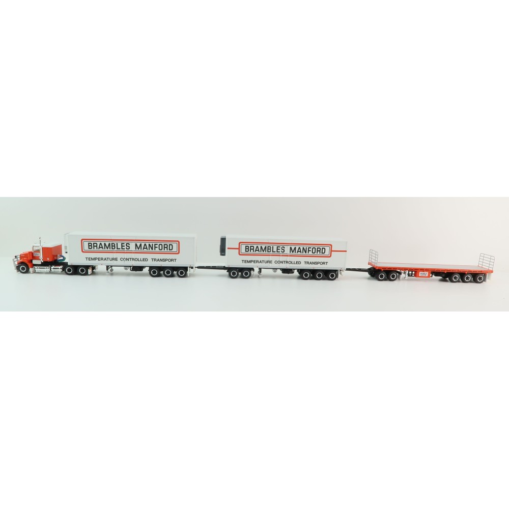 Highway Replicas Kenworth SAR Truck Road Train + Extra Flattop Trailer Brambles Manford - Scale 1:64