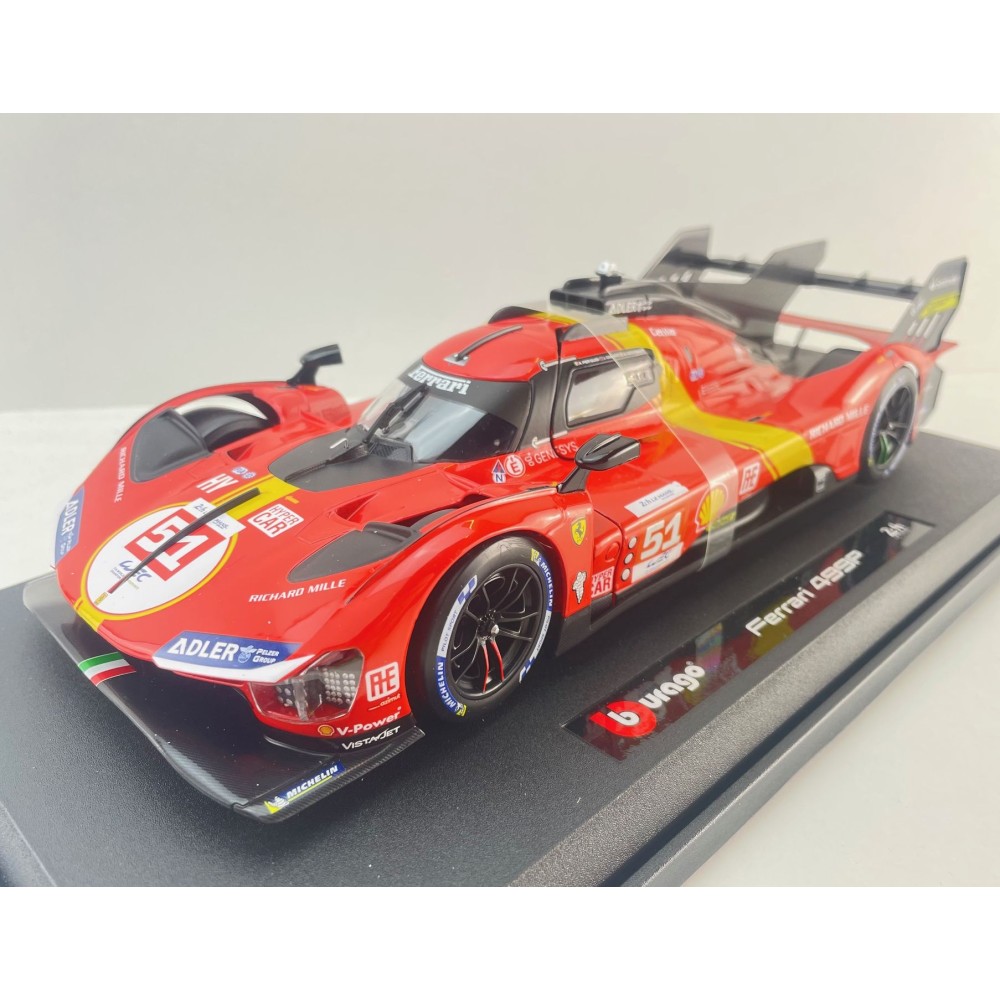Bburago 18-16301 #51 - Ferrari 499P No 51 Winner 24h LeMans 2023 Pier Guidi, Calado, Giovinazzi Box Damage - Scale 1:18 
