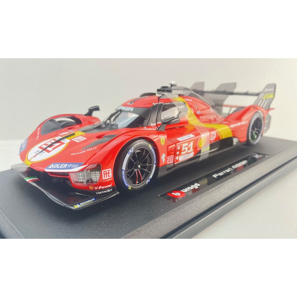 Bburago 18-16301 #51 - Ferrari 499P No 51 Winner 24h LeMans 2023 Pier Guidi, Calado, Giovinazzi Box Damage - Scale 1:18 