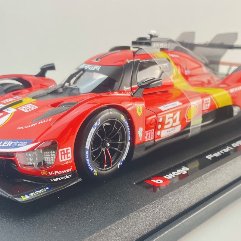 Bburago 18-16301 #51 - Ferrari 499P No 51 Winner 24h LeMans 2023 Pier Guidi, Calado, Giovinazzi Box Damage - Scale 1:18 