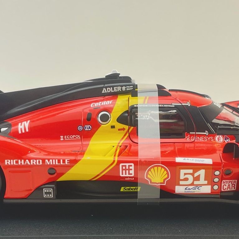 Bburago 18-16301 #51 - Ferrari 499P No 51 Winner 24h LeMans 2023 Pier Guidi, Calado, Giovinazzi Box Damage - Scale 1:18 