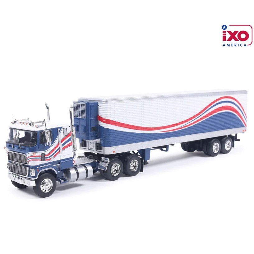 IXO U64TRTR001S - 1976 Ford CL 9000 6x4 Truck with Vintage Reefer Traile Red White Blue - Scale 1:64