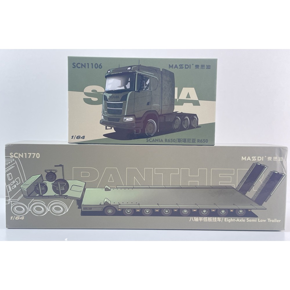 MASDI - Army Scania R650 8x4 Prime Mover with 8 axle Semi Low Loader Trailer Panther - Scale 1:64