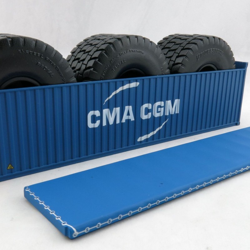 Iconic Replicas - 40 ft Shipping Container Open Top with Mining Truck Tyre Load - CMA CGM - Scale 1:50