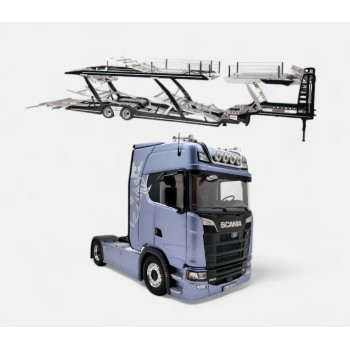 NZG 1026/26 - Scania V8 730S 4x2 Prime Mover White with Greif Logo and Lohr Car Transporter Fictionblue - Scale 1:18