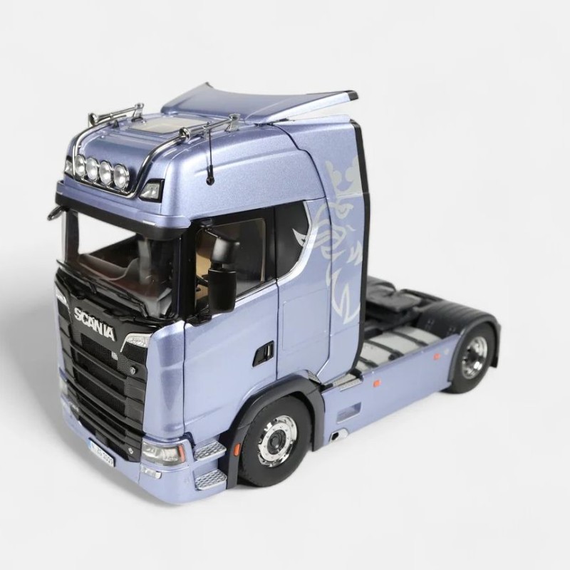 NZG 1026/26 - Scania V8 730S 4x2 Prime Mover White with Greif Logo and Lohr Car Transporter Fictionblue - Scale 1:18