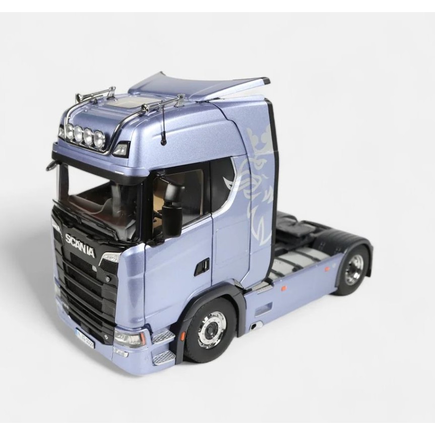 NZG 1026/26 - Scania V8 730S 4x2 Prime Mover White with Greif Logo and Lohr Car Transporter Fictionblue - Scale 1:18