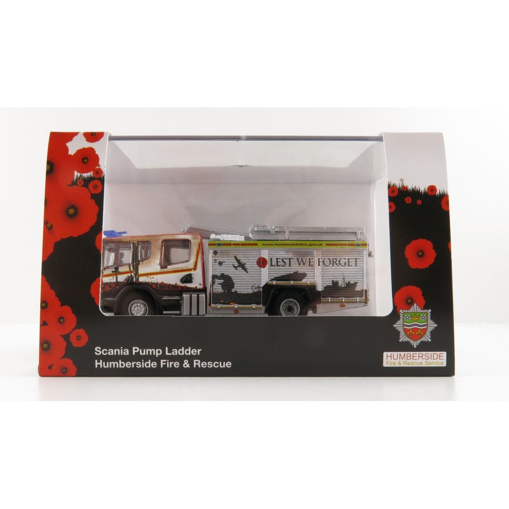 OXFORD 76SFE011 Scania RHD Humberside Fire and Rescue Pump Ladder -  Lest we forget - 1:76 Scale