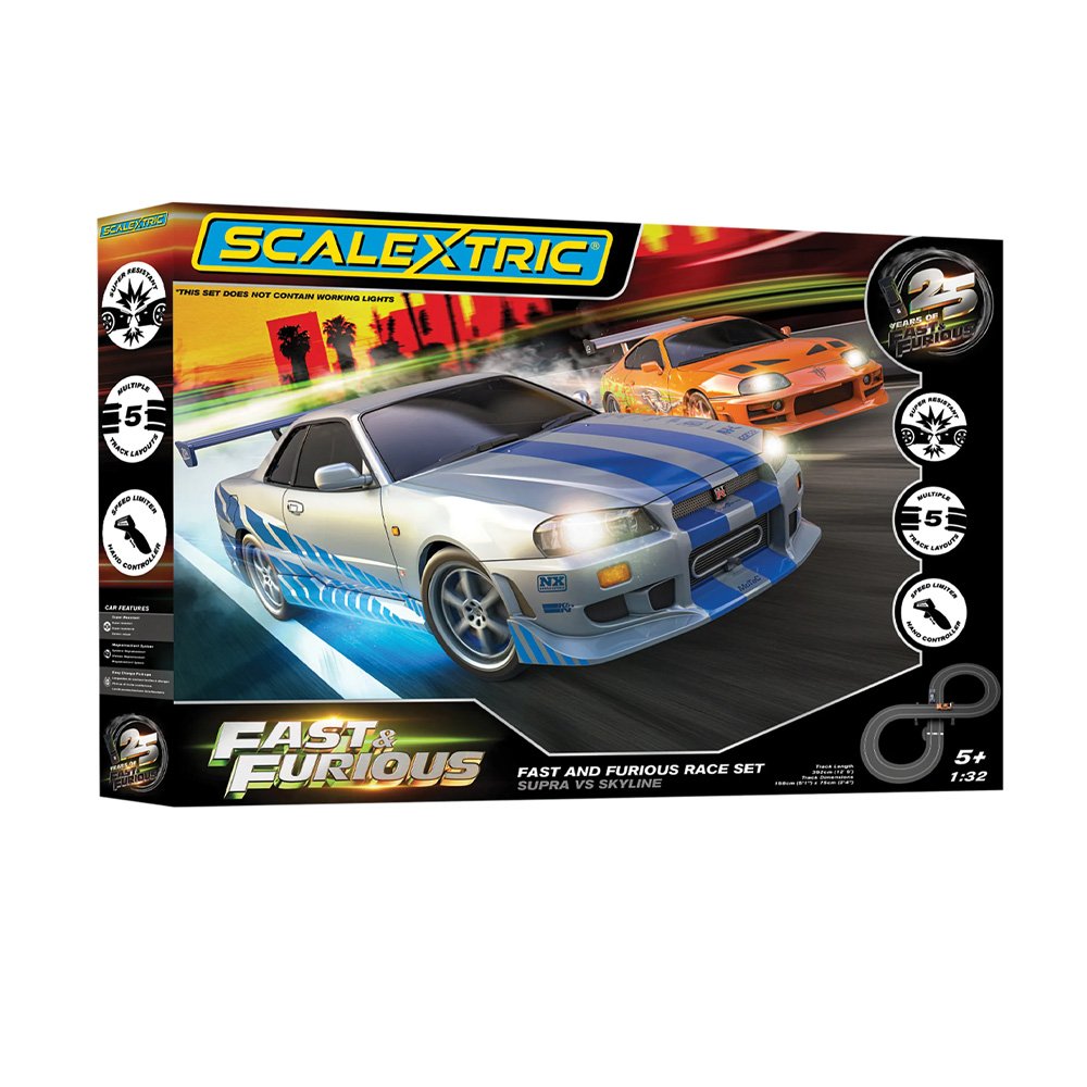 Scalextric C1465S Fast and Furious 25 Years Slot Car Racing Set Toyota Supra vs Nissan Skyline R34 1:32