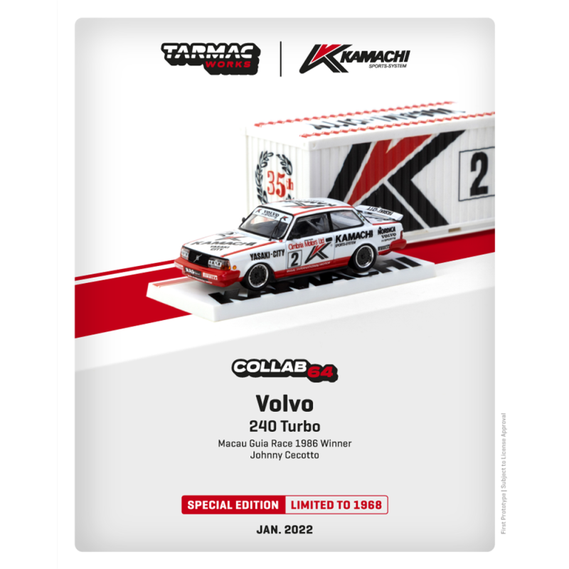Tarmac Works Volvo 240 Turbo Macau Guia Race 1986 Winner Johnny Cecotto with Container - Scale 1:64