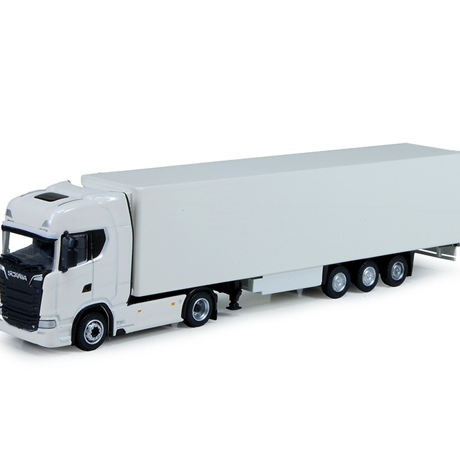 Tekno 74752-1 - Scania Truck with Semi 3-axle Box trailer White - Scale 1:87